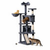 Multi-level cat tree tower with two cozy condos, platforms, scratching posts and dangling toys, ideal for indoor cats.